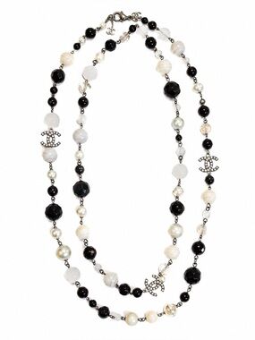 CHANEL Women’s 13P Black White Pearl Beaded Crystal CC Long Necklace